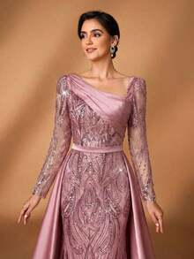 Elegante y lujoso vestido de satén con mangas y bajo de cola de sirena, con tela bordada con lentejuelas, versátil y de alta gama, adecuado para bodas, eventos, fiestas, vacaciones, bailes, vestidos de gala para la madre de la novia - Rosa vieja - Ver 3