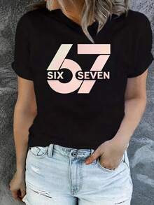 Women's Lightweight And Soft Pink T-Shirt With Number 67 Print - Short Sleeve, Round Neck, Casual Style, Medium Stretch Fabric, Suitable For Parties And Casual Outfits - Spring, Summer, Autumn, Machine Washable, Graphic T-Shirt 67 - 黑色 - 查看 1