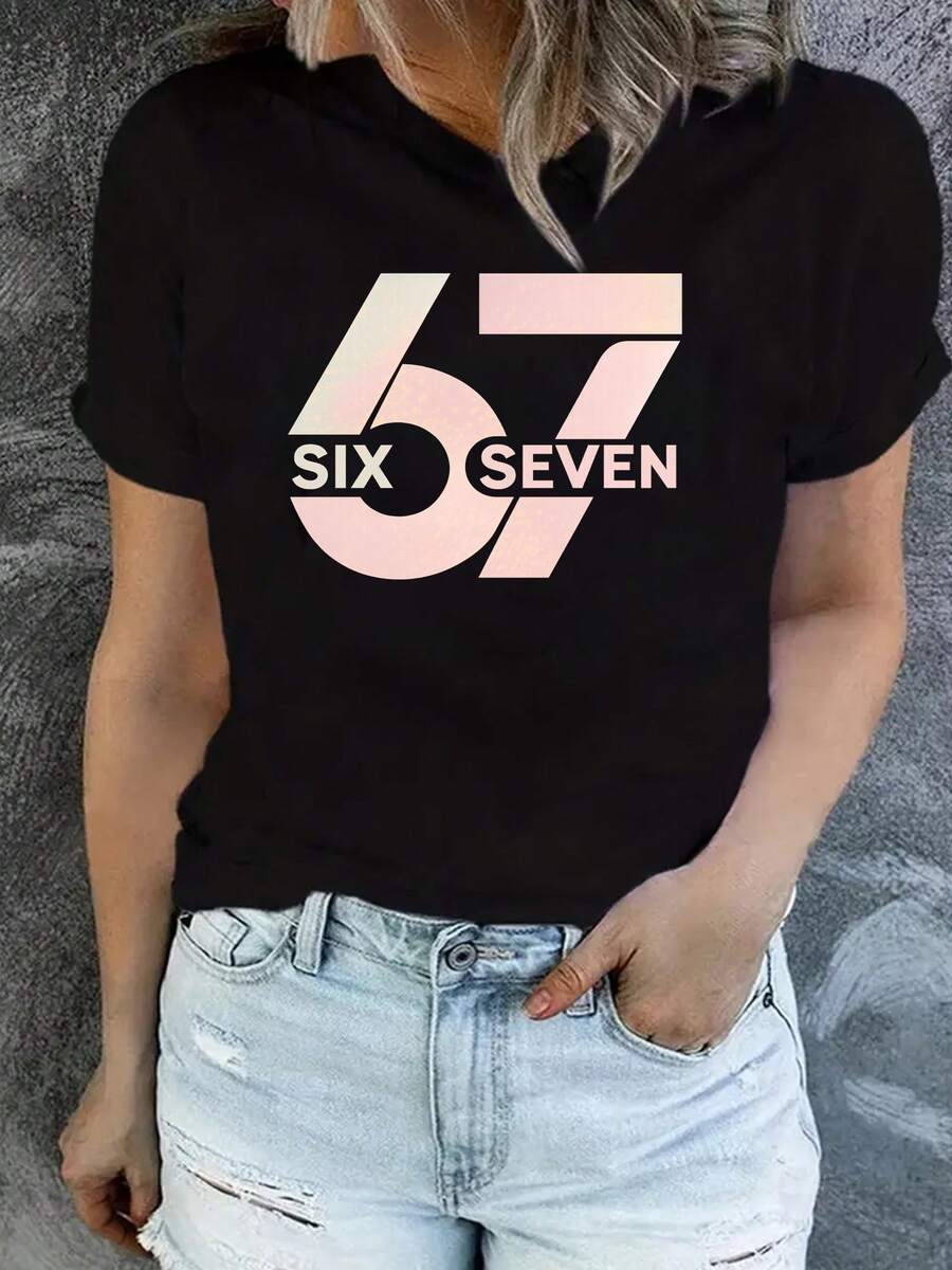 Women's Lightweight And Soft Pink T-Shirt With Number 67 Print - Short Sleeve, Round Neck, Casual Style, Medium Stretch Fabric, Suitable For Parties And Casual Outfits - Spring, Summer, Autumn, Machine Washable, Graphic T-Shirt 67 - 黑色 - 查看 1