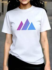 Top de mujer para primavera verano 100% casual de manga corta y cuello redondo, camiseta con estampado de diseño y patrón geométrico - Blanco - Ver 1