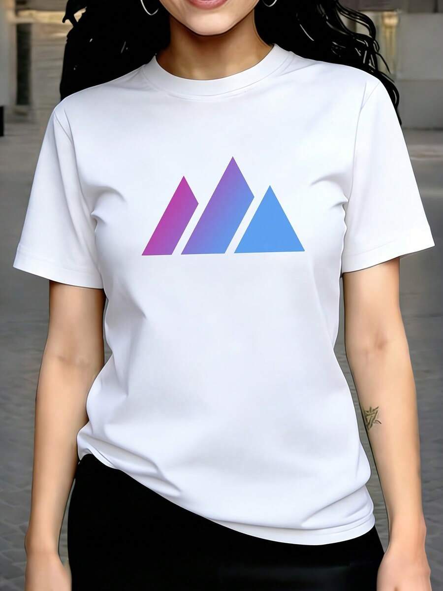 Top de mujer para primavera verano 100% casual de manga corta y cuello redondo, camiseta con estampado de diseño y patrón geométrico - Blanco - Ver 1