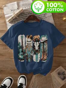 Western Cowboy Print, Country Music Concert Print, Women's 100% Pure Fashionable Spring And Summer T-Shirt, Casual Wear, Soft And Comfortable Design 80-A64-61722 - 皇家藍 - 查看 1