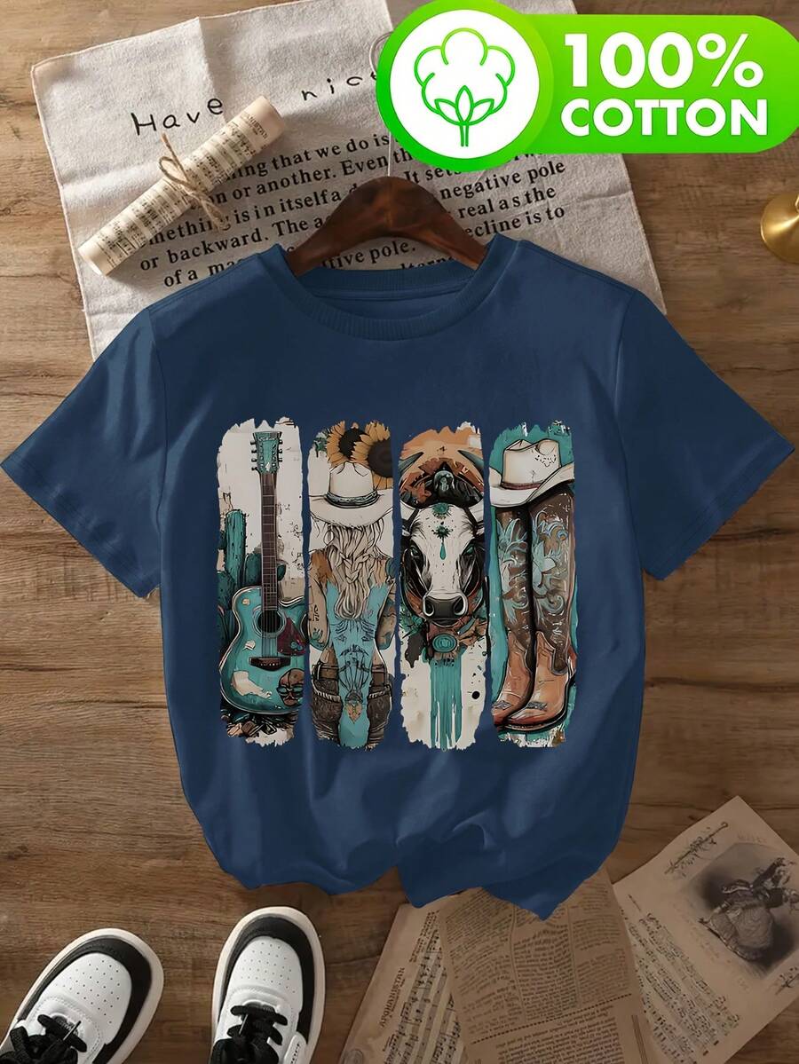 Western Cowboy Print, Country Music Concert Print, Women's 100% Pure Fashionable Spring And Summer T-Shirt, Casual Wear, Soft And Comfortable Design 80-A64-61722 - 皇家藍 - 查看 1
