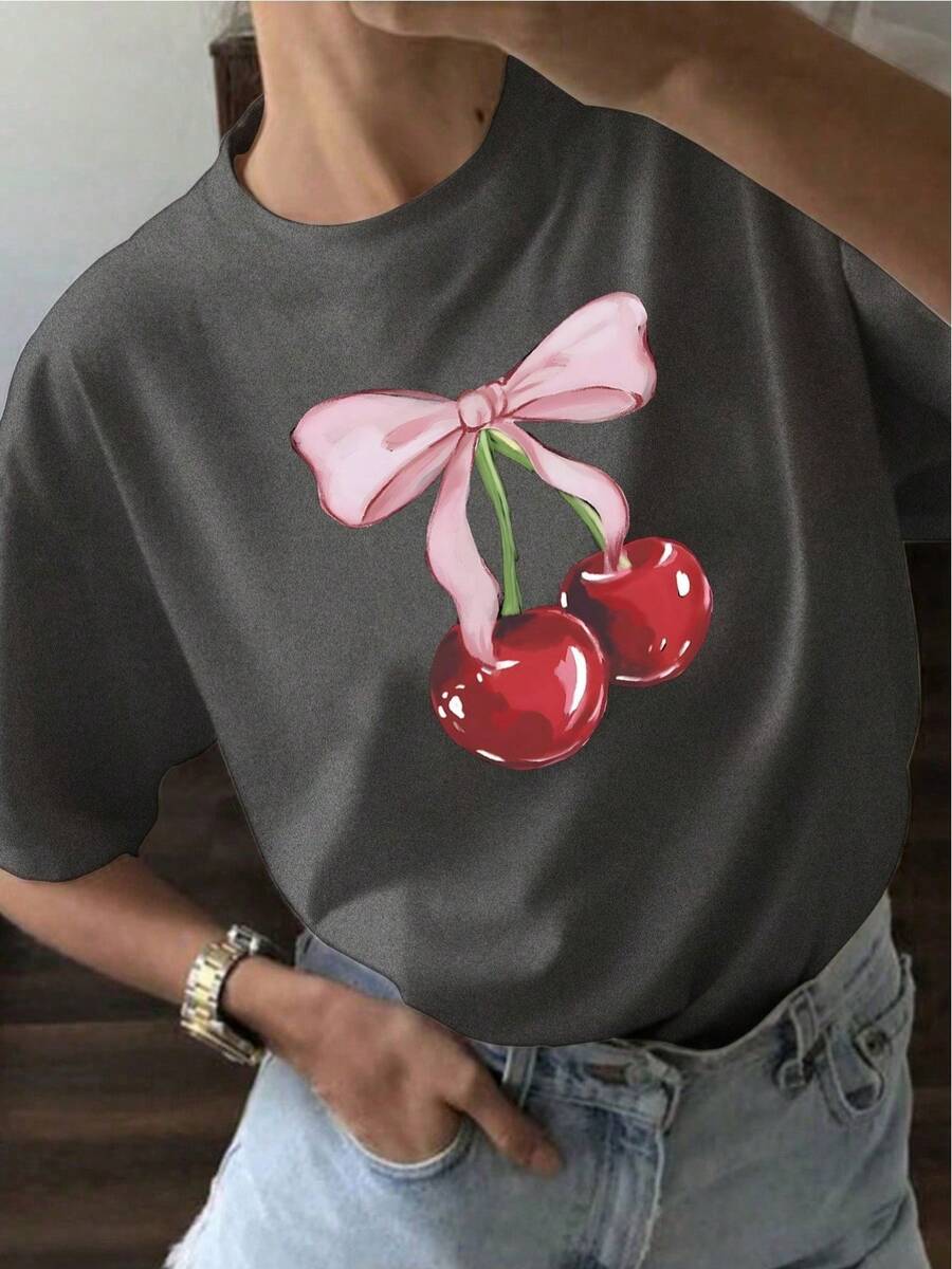 YOCASA Camiseta Casual de Verano para Mujer, con Cuello Redondo, Ajustada y Manga Corta, con Estampado de Pintura al Óleo, Floral, Corazón, Cereza y Patrones de Letras. Tejido Casual Simple, Estilo Deportivo, Ideal para Uso Diario y un Citas de San Valentín. - Gris - Ver 1