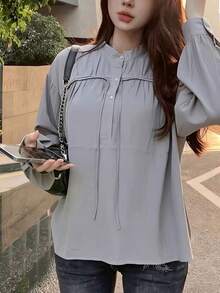 Black Long-Sleeved Shirt With A High Collar And Pleats, Elegant And Versatile Style - Grey - View 6