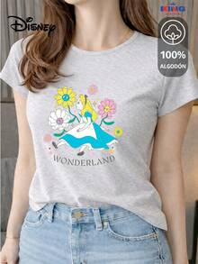 Women's T-Shirt Made Of 100% High-Quality Cotton. This T-Shirt Guarantees Exceptional Softness To The Touch, With A Round Neck, "Disney Alice In Wonderland Flowers" Print, And Short Sleeves. - 淺灰色 - 查看 1