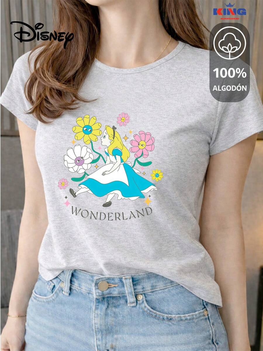 Women's T-Shirt Made Of 100% High-Quality Cotton. This T-Shirt Guarantees Exceptional Softness To The Touch, With A Round Neck, "Disney Alice In Wonderland Flowers" Print, And Short Sleeves. - 淺灰色 - 查看 1