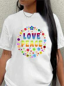 Short-Sleeved T-Shirt With A Love And Peace Design, Adorned With Bright Floral Motifs. It's Lightweight And Comfortable, Suitable For Casual Outings, Whether At Home Or In A Cafe. Women's Blouses > Clothing - 白色 - 查看 1