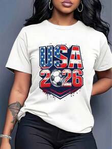 Camiseta de manga corta estampada con temática de la Copa Mundial de  [Licenciada por la Copa Mundial] Copa Mundial 2026, camiseta de manga corta estampada con temática de fútbol, diseño estampado de estilo urbano, top de verano, imprescindible para los fans, estilo unisex adecuado para parejas, perfecta como regalo de cumpleaños para el novio, versátil y cómoda para el verano, camiseta unisex. - Blanco - Ver 1