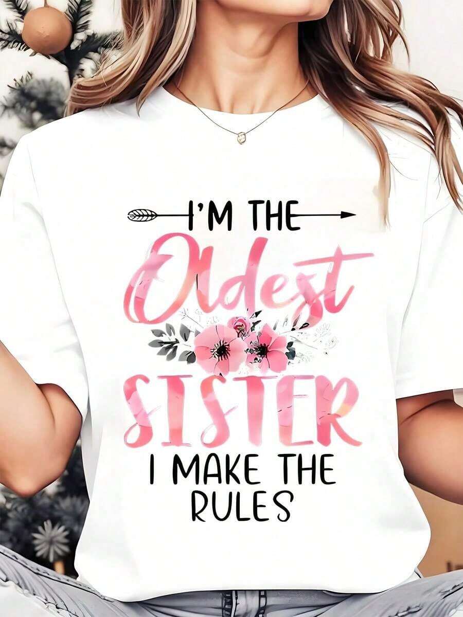 Oferta por tiempo limitado, cantidad limitada disponible, relámpago, camisas de mujer, camisetas de mujer "Soy la hermana mayor, yo pongo las reglas"-Camiseta estampada de cuello redondo para mujer | Regalo familiar | Regalo de Navidad - Blanco - Ver 1