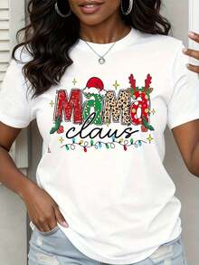 Women's Mrs. Claus Christmas T-Shirt, Festive T-Shirt With Santa Hat And Reindeer Design, Christmas Lights Print, Vintage Casual Style, Unisex, Cotton, Short Sleeve, Round Neck, 100% Cotton - 白色 - 查看 7