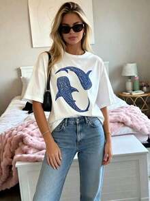 Camiseta estampada para mujer, 1 pieza, informal, con estampado de tiburón ballena azul, cuello redondo, manga corta, camiseta cómoda para el verano, ropa de mujer, playera para verano. - Blanco - Ver 5