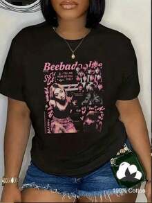 Camiseta estampada de mujer, manga corta, informal, con estampado Beebadoobee, diseño retro de collage artístico, a la moda, deportiva, adecuada para salidas diarias informales y vacaciones. Playera para verano. - Negro - Ver 6