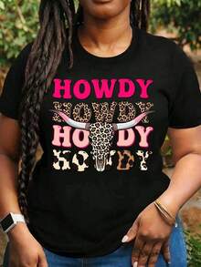 Women's T-Shirts: Plus Size Women's T-Shirt With Western Style Leopard Skull Print, 100% Cotton, Round Neck, Casual, Versatile, Ideal As A Gift For Cowgirl Parties And Outdoor Events. - 黑色 - 查看 6