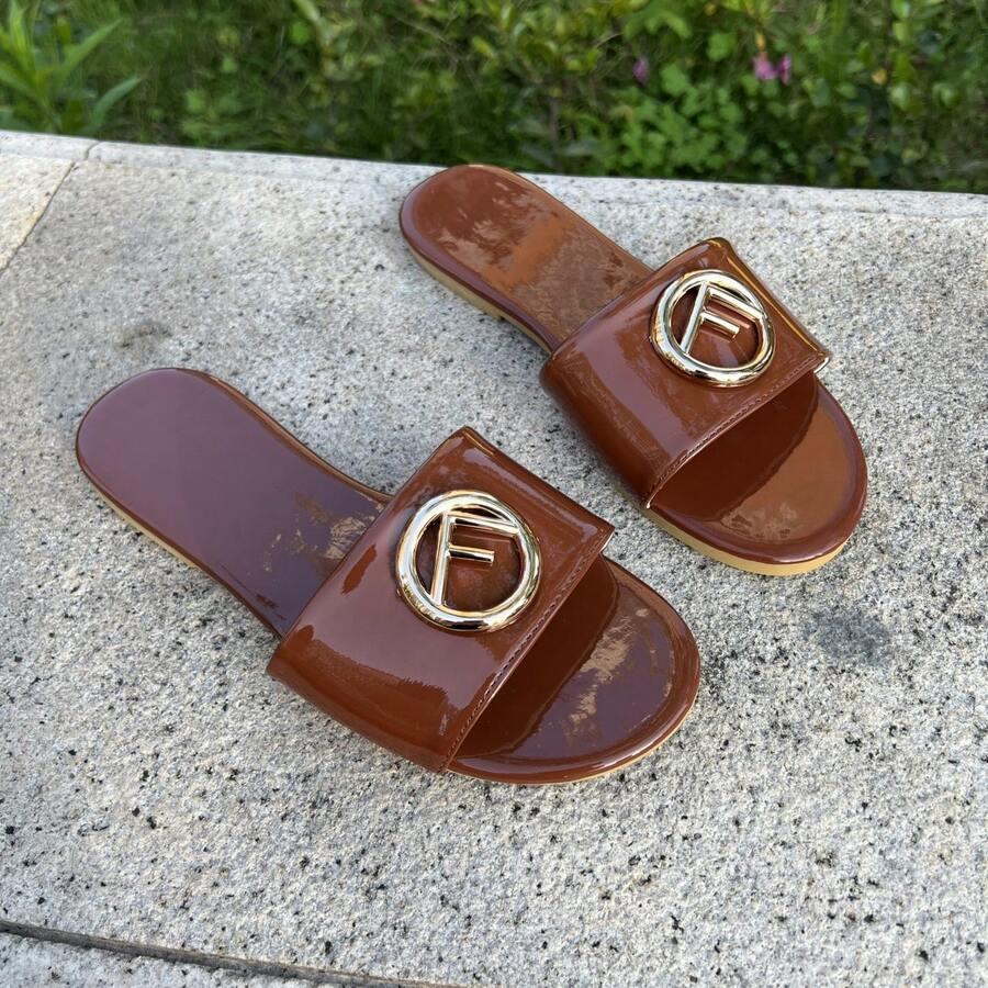 Women's Flat Sandals, Metal Buckle Decor Glossy Flat Slippers, Fashionable For Outdoor & Commuting, Comfortable Women Shoes - Brown - View 1