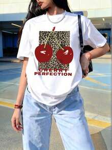 Women's Round Neck Short Sleeve T-Shirt With Leopard Print, Cherries And Lettering, Comfortable Loose Fit, Casual Everyday Wear, Ideal For Summer And Youthful Daily Use YV3S - 白色 - 查看 4