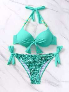 Conjunto de bikini de dos piezas de cobertura completa con aros de realce, liso, para playa de verano - verde menta - Ver 3
