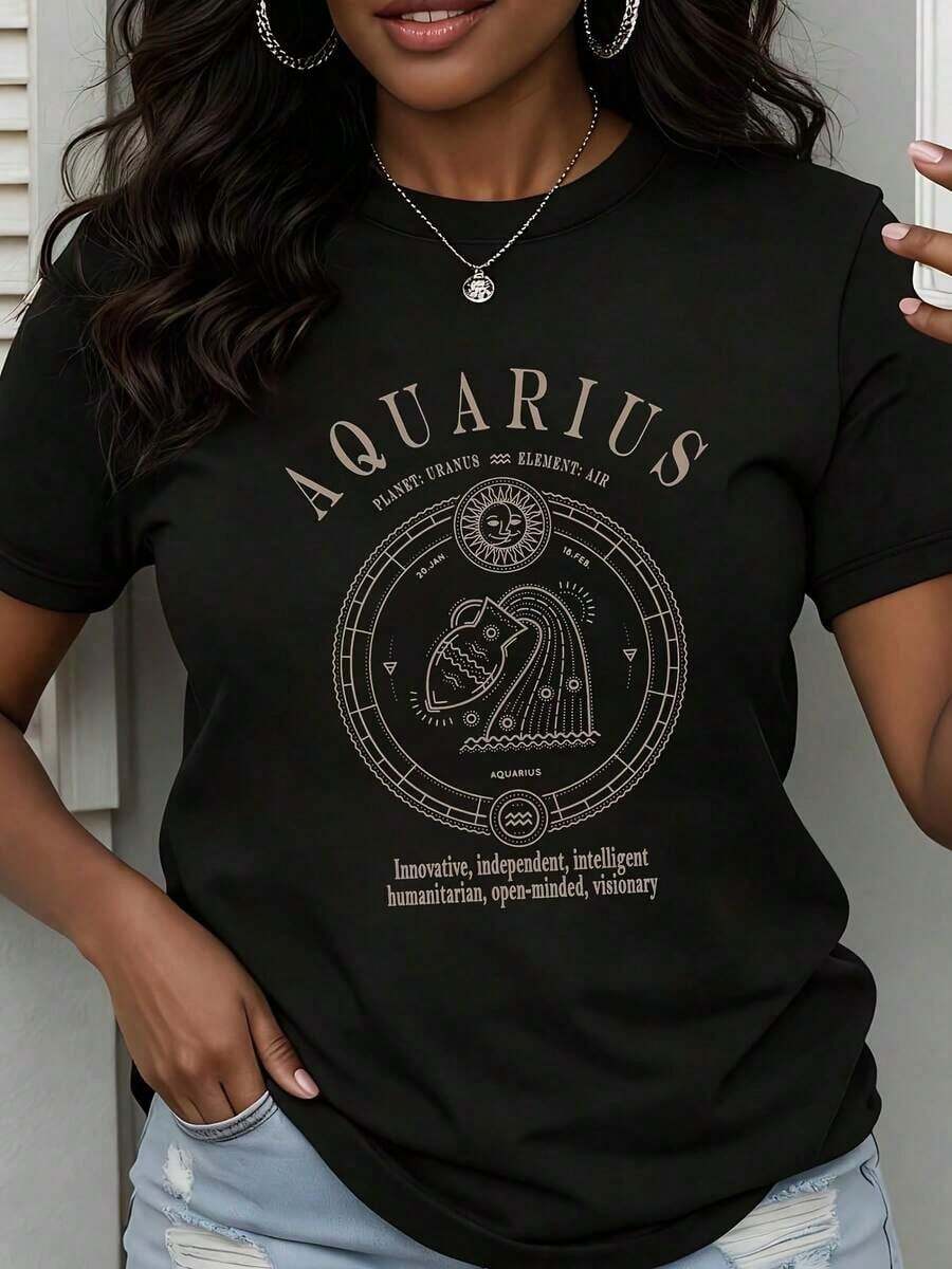 Women's Casual Loose Fit T-Shirt With Aquarius Zodiac Sign Print, Astrological Design With The Planet Uranus And The Element Of Air, Text: Innovative, Independent, Intelligent, Humanitarian, Open-Minded And Visionary For Daily Use And Spirituality Lovers. - Black - View 1
