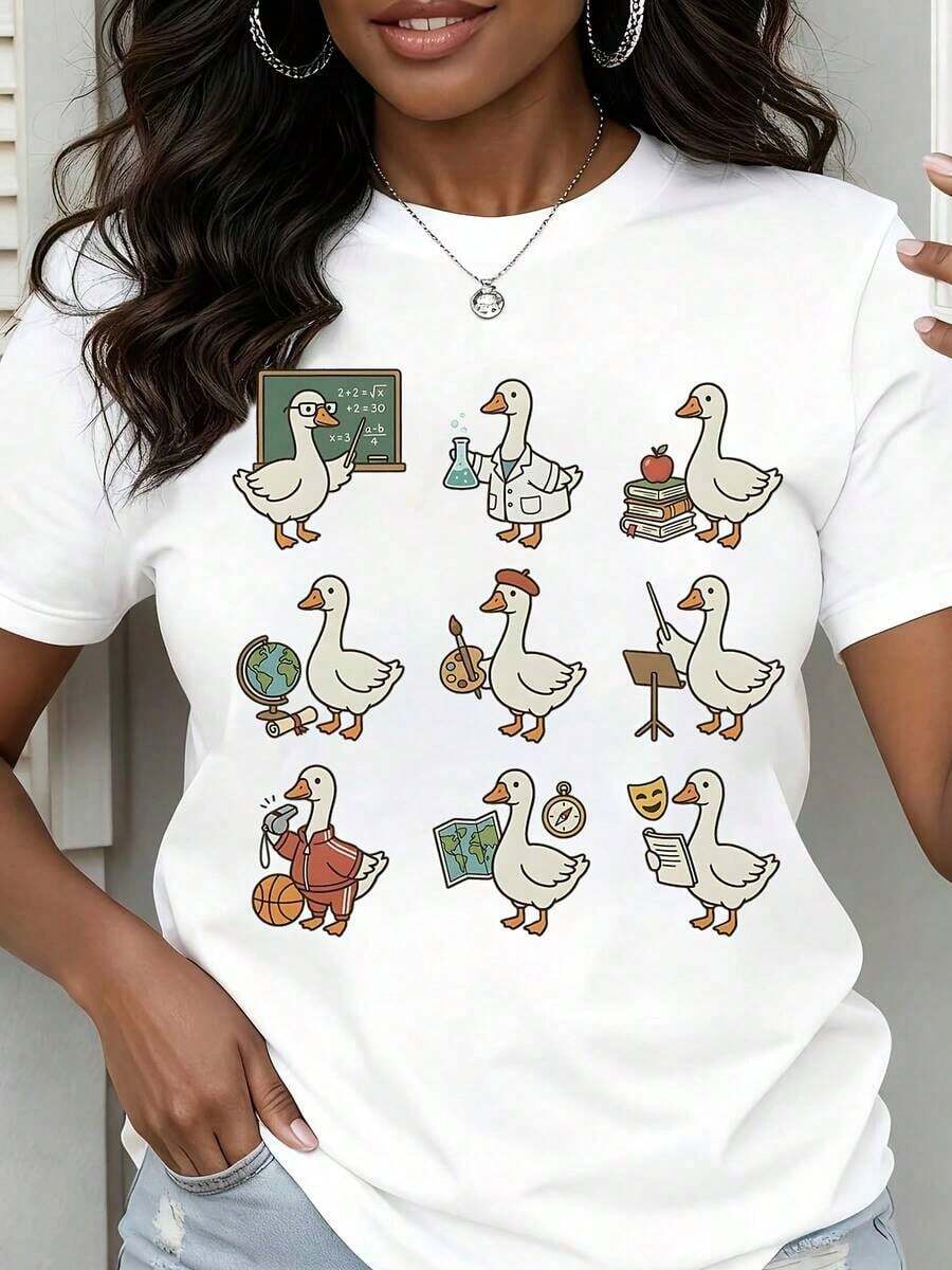 Women's Casual Loose Fit T-Shirt With Graphic Print Of Duck Professor, Scientist, Teacher, Musician, Explorer And Student For Everyday Wear At School And Work - 白色 - 查看 1