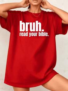 Women's T-Shirt With Religious Slogan Graphic Print "Bruh, Your Bible", 100% Cotton, Crew Neck, Casual And Comfortable Style, 1 Piece. They Are Excellent Gifts For Friends And Family. - 紅色 - 查看 1