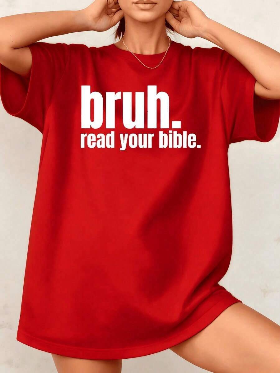Women's T-Shirt With Religious Slogan Graphic Print "Bruh, Your Bible", 100% Cotton, Crew Neck, Casual And Comfortable Style, 1 Piece. They Are Excellent Gifts For Friends And Family. - 紅色 - 查看 1