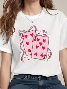 Women's Casual Crew Neck T-Shirt With Valentine's Day Heart Letter Print, Pink Bow And Heart Details, Everyday Wear, 180g - 白色 - 查看 5