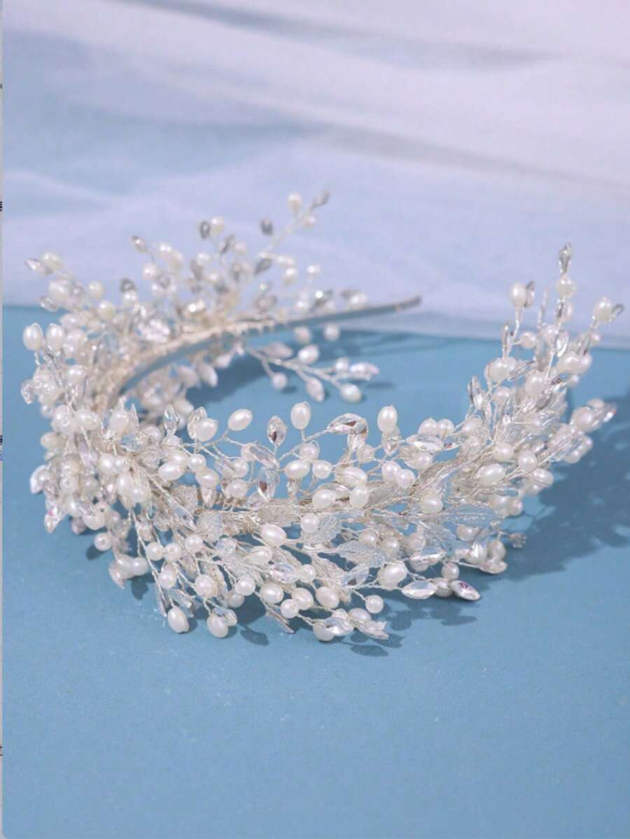 1pc Bridal Braided Headband With Rhinestones, Wedding Dress Hair Accessory - Silver - View 1