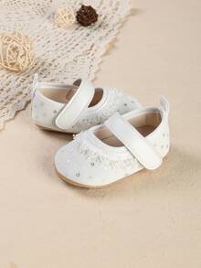 1 par de zapatos planos de princesa con encaje de unicolor, lindos y antideslizantes, para recién nacidos e infantes, adecuados para primavera y otoño - Blanco - Ver 4