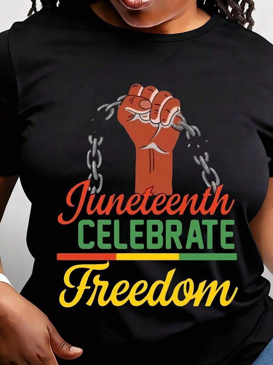 Camiseta de Mujer "Juneteenth Celebrate Freedom Fist Breaking Chains" con Cuello Redondo, Manga Corta y Diseño Gráfico para Uso Diario, Ajuste Cómodo, Perfecta para Eventos de Juneteenth y Atuendos Cotidianos. - Negro - Ver 1