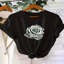 Women's 100% Cotton T-Shirt With White Rose And Dollar Sign Print - Round Neck, Short Sleeve, Casual Blouse, Machine Washable, Comfortable Clothing And Ideal Gift For Women, Suitable For All Seasons S-XXXL - 黑色 - 查看 1