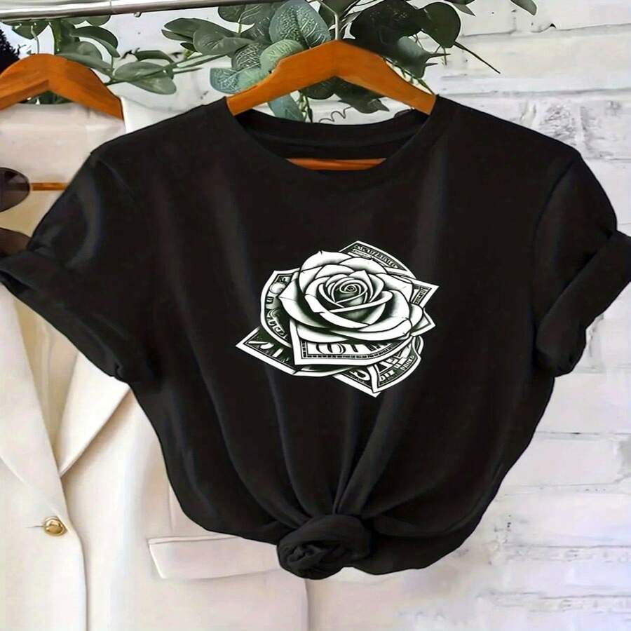 Women's 100% Cotton T-Shirt With White Rose And Dollar Sign Print - Round Neck, Short Sleeve, Casual Blouse, Machine Washable, Comfortable Clothing And Ideal Gift For Women, Suitable For All Seasons S-XXXL - 黑色 - 查看 1