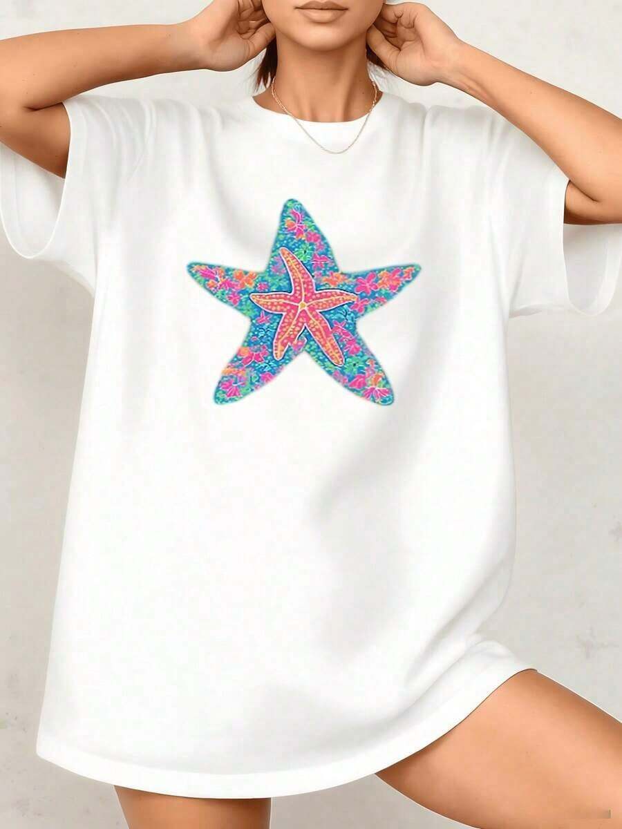 Starfish Women's Casual T-Shirt, 100% Cotton, For Summer Beach, 1 Piece, Loose Fit, Graphic Print, Casual Blouses For Ladies - 白色 - 查看 1