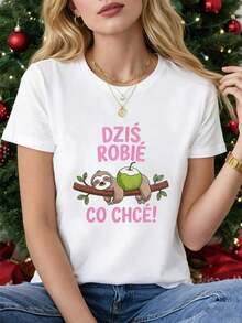 Camiseta estampada mujerPlus Size - Plus Size - Plus Size , Pink Bold Font With A Cartoon Sloth Holding A Coconut And Lazily Lying On A Branch, Vividly Conveying A Casual And Free, Enjoy-The-Moment Relaxed FeelingWomen's Casual Short Sleeve Tee Standard Size BasicPlayera para verano - Blanco - Ver 1