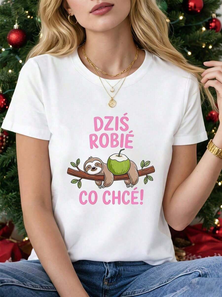 Camiseta estampada mujerPlus Size - Plus Size - Plus Size , Pink Bold Font With A Cartoon Sloth Holding A Coconut And Lazily Lying On A Branch, Vividly Conveying A Casual And Free, Enjoy-The-Moment Relaxed FeelingWomen's Casual Short Sleeve Tee Standard Size BasicPlayera para verano - Blanco - Ver 1