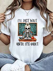 Skeleton Teacher Chalkboard Math Quiet Women's T-Shirt Skeleton Teacher Math Short Sve Crew Neck Casuaplayeras De Mujer - White - View 6