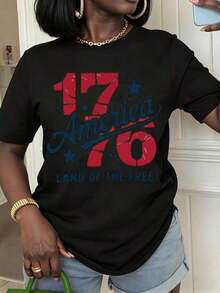 1 Piece Of Women's Summer T-Shirt With "America 1776 Land Of The Free" Print, Casual Short-Sleeved Crew Neck T-Shirt, Patriotic Summer Gift For Her. Women's T-Shirts. - 黑色 - 查看 11