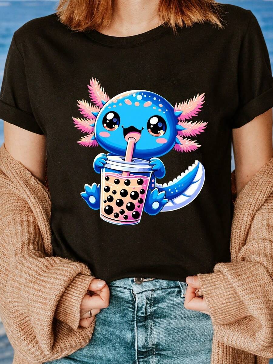 Women's Kawaii Anime Axolotl Boba Tea T-Shirt - Blue, Cute Axolotl Print And Lettering, Short Sleeve, Round Neck, Ideal For Casual Summer And Spring Looks - Black - View 1