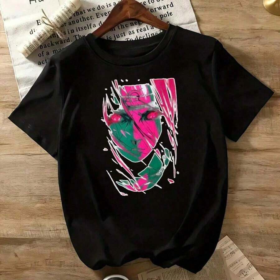 Women's Cotton T-Shirt With Anime Graphic Print, Short Sleeves, Round Neck, Casual Design With Cute Girl Sleeves, Comfortable, Suitable As A Gift. Women's T-Shirt. Blouses>Elegant. Boho Chic. Soft, Breathable, And Comfortable Women's Top, Ideal For Spring, Summer, And Autumn, Perfect For Vacations, Travel, And Everyday Wear. - 黑色 3 - 查看 1