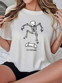 Women's T-Shirts 2026, Skeleton Skateboarding Design, Life Is Movement%, Breathable Casual Blouses For Women - 白色 - 查看 1