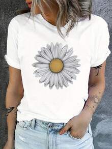 Camiseta Casual de Manga Corta y Cuello Redondo para Mujer - Estampado de Margaritas Blancas sobre Fondo Oscuro, Corte Holgado, Top Casual de Primavera/Verano, Lavable a Máquina. - Blanco - Ver 1