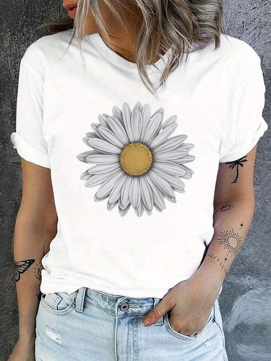 Camiseta Casual de Manga Corta y Cuello Redondo para Mujer - Estampado de Margaritas Blancas sobre Fondo Oscuro, Corte Holgado, Top Casual de Primavera/Verano, Lavable a Máquina. - Blanco - Ver 1