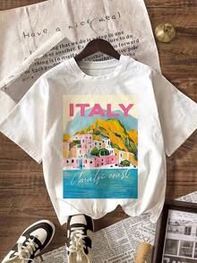 Camiseta Casual de Verano para Mujer, Diseño Playa de la  de Amalfi, Italia, Cuello Redondo, Manga Corta, Color Blanco - Blanco 2 - Ver 1