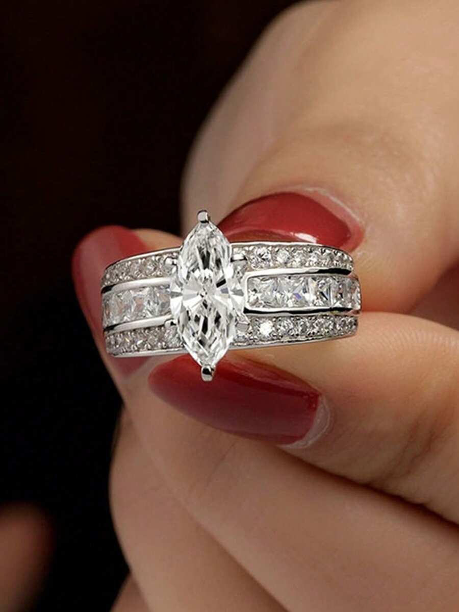 1pc Fashion Cubic Zirconia Ring, Suitable For Wedding, Engagement, Anniversary, Party, Valentine's Day And Other Occasions - 2# - View 1