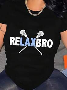 Ropa de mujer, camiseta con estampado de lacrosse "RELAX BRO" - Top de cuello redondo suave y elástico, estampado geométrico, adecuada para uso casual en todas las estaciones, talla 0-4. Top de manga corta cómodo y versátil. - Negro - Ver 1
