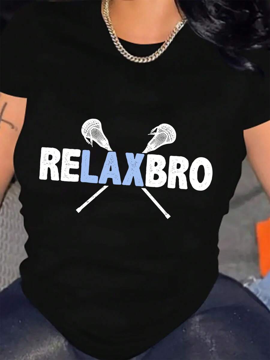 Ropa de mujer, camiseta con estampado de lacrosse "RELAX BRO" - Top de cuello redondo suave y elástico, estampado geométrico, adecuada para uso casual en todas las estaciones, talla 0-4. Top de manga corta cómodo y versátil. - Negro - Ver 1
