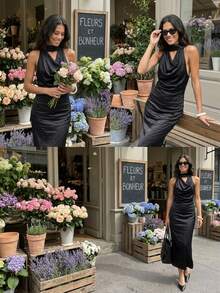 Women's Spring Fashion Elegant Gown - Seductive Sleeveless Halter Top - Figure-Flattering Satin Long Skirt - Upscale Look For Fine Dining & VIP Lounges - 黑色 - 查看 5