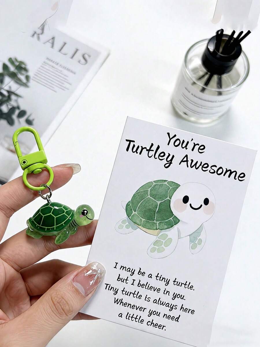 1 pieza Llavero de tortuga de resina con una tarjeta de felicitación inspiradora - Un pequeño regalo reflexivo y decoración para mochila - Multicolor - Ver 1