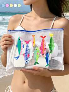 彩色可愛沙丁魚圖案防水時尚海灘包，海洋主題大容量透明化妝包，輕便防曬收納袋，多功能收納包，非常適合游泳、海灘、潛水和夏季度假，學生返校，送給朋友、家人、朋友、同學，獨特的生日禮物、節日禮物、派對禮物、母親節禮物、節日禮物、教師節禮物、開學季 - 彩色 - 查看 2