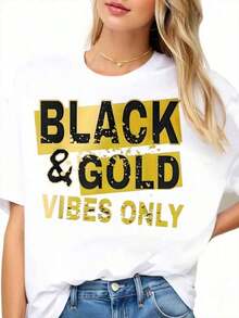 Women's "Black And Gold Vibes Only" Graphic T-Shirt, Casual Urban Style, Fashion T-Shirt, Unisex Top For Everyday Wear - Vintage Urban Style, Loose Fit Unisex Cotton T-Shirt With Short Sleeves And Round Neck, 100% Cotton - 白色 - 查看 3