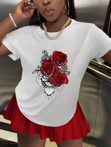 Women's T-Shirt With Three Red Roses, White And Black Leaves, Circular Embellishments And Pearl Chains, Elegant Floral Design With Many Details - 白色 - 查看 1